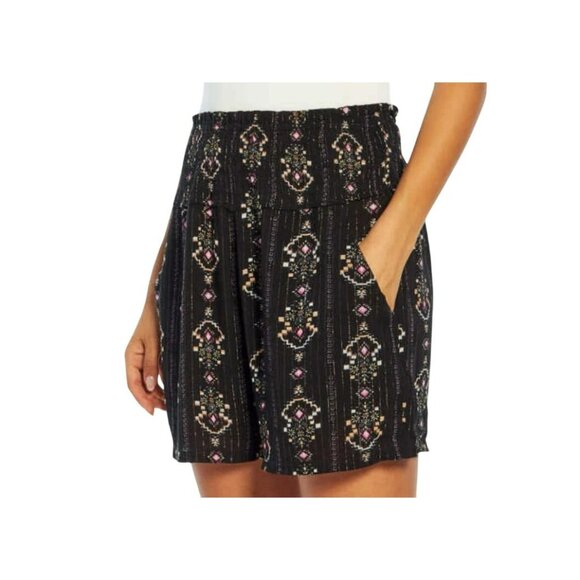 Three Dots Black Metallic Gold Floral Boho Print Elastic Waist Lightweight Short - Picture 1 of 10
